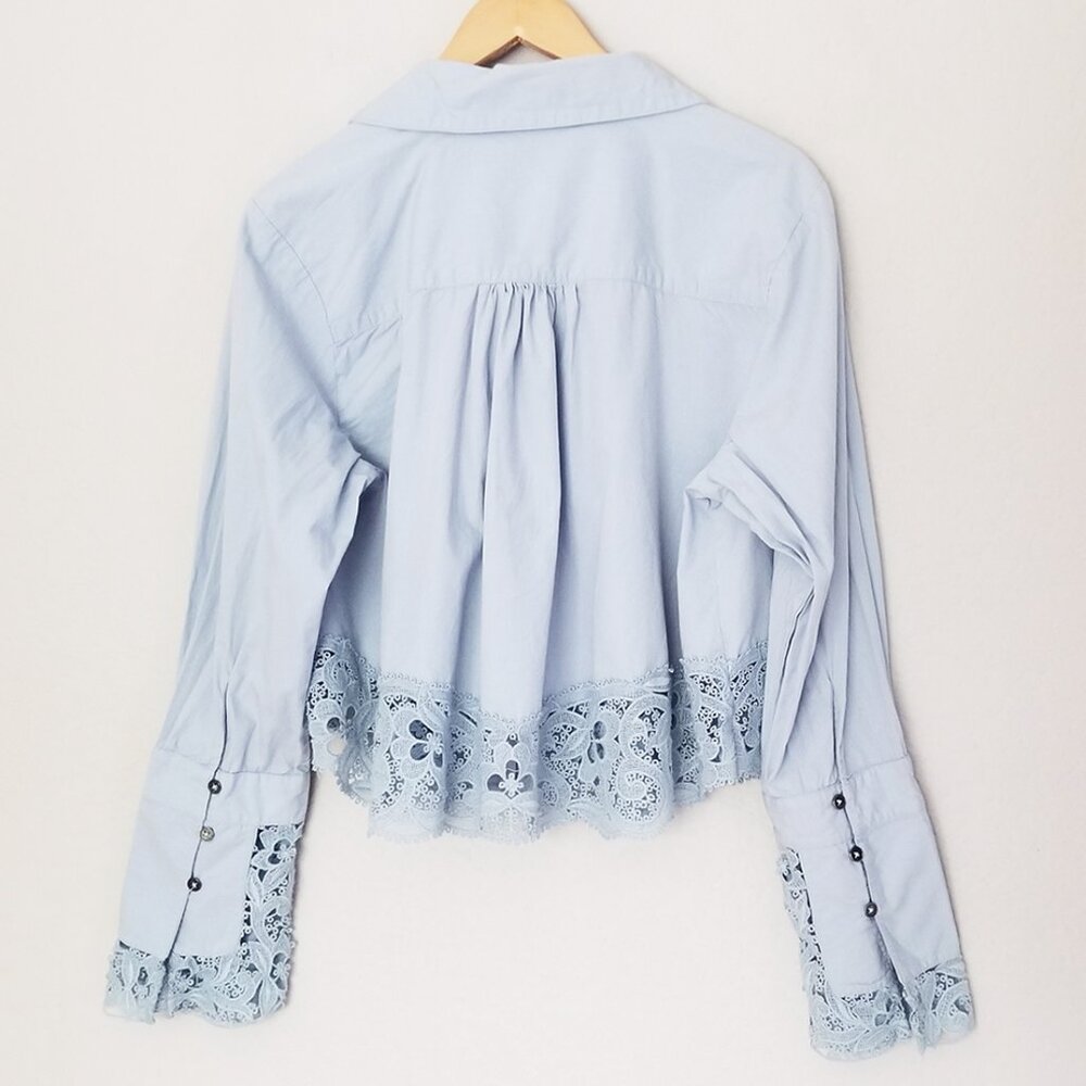 Free People Crochet Lace Trim Hooked On You Top Button Front Shirt Blue M $128 - Picture 6 of 16